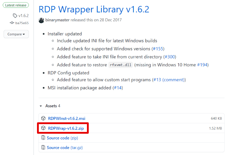 RDPWrapperのZipファイル