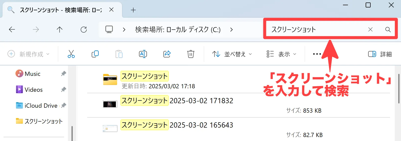 「スクリーンショット」を入力して検索